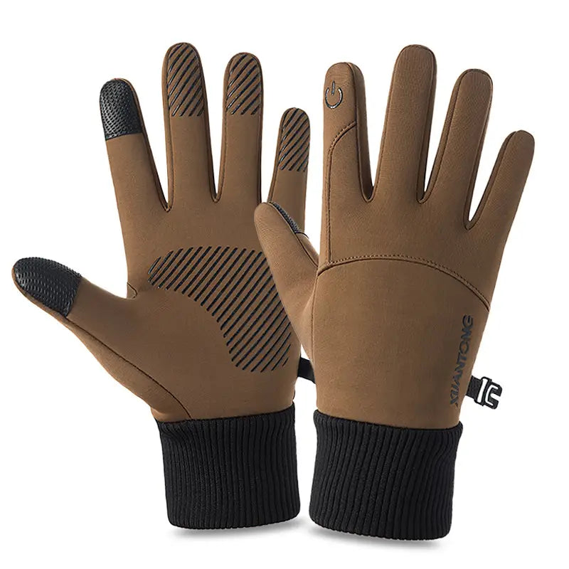 Brown thermal touchscreen cycling gloves with black fingertips, reinforced grip patterns, and a ribbed cuff for warmth shown from the back side.