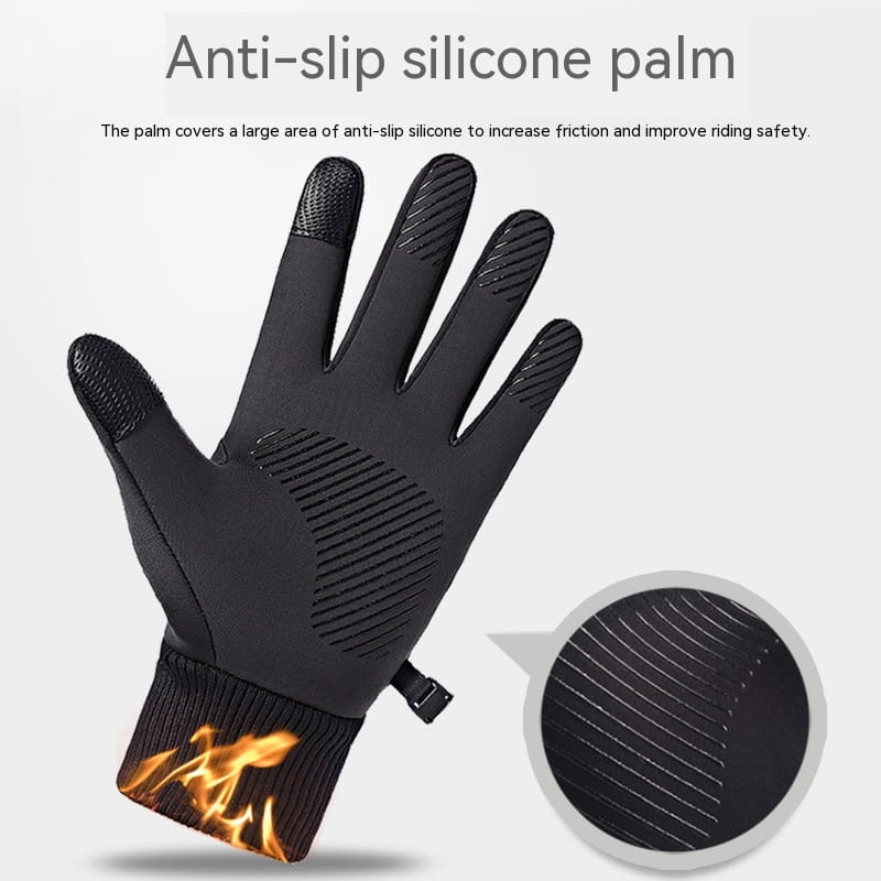 Black thermal touchscreen cycling glove showing back side with anti-slip silicone palm and flame-patterned ribbed cuff.