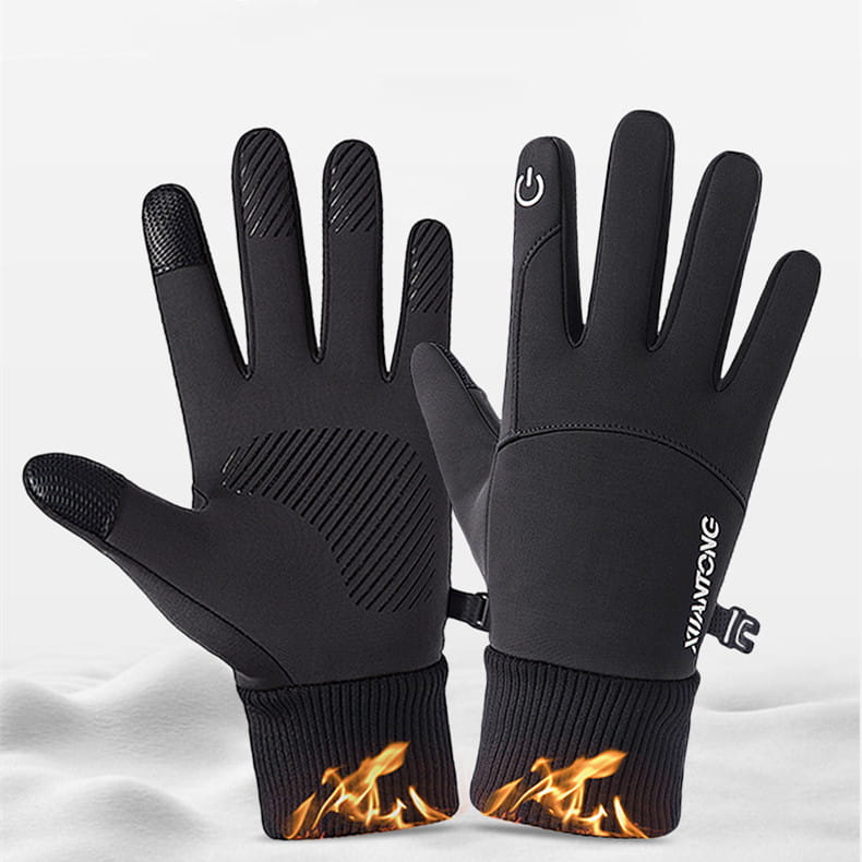 Black thermal touchscreen cycling gloves with flame-patterned cuffs and xuantong brand logo on the wrist showing the back side.