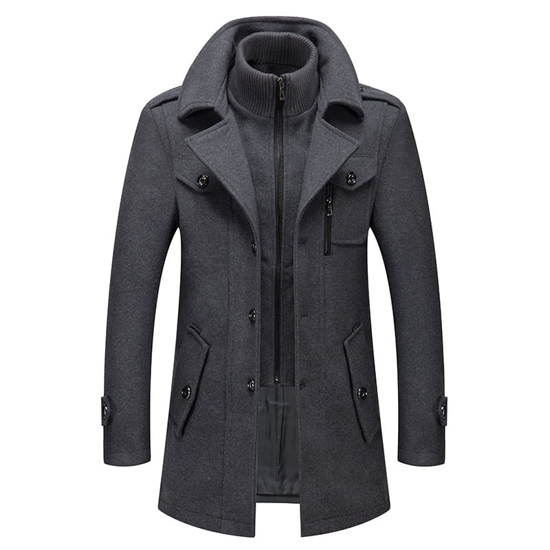 dark gray woolen overcoat with high collar and buttoned front pockets designed as a warm men’s winter business jacket