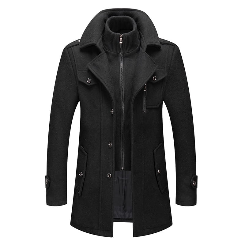Black woolen men’s winter overcoat with high collar front zipper and buttoned flap pockets designed for business wear.