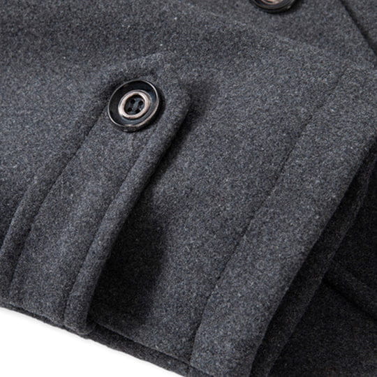 men’s dark gray woolen winter overcoat with black buttons designed as a warm business jacket
