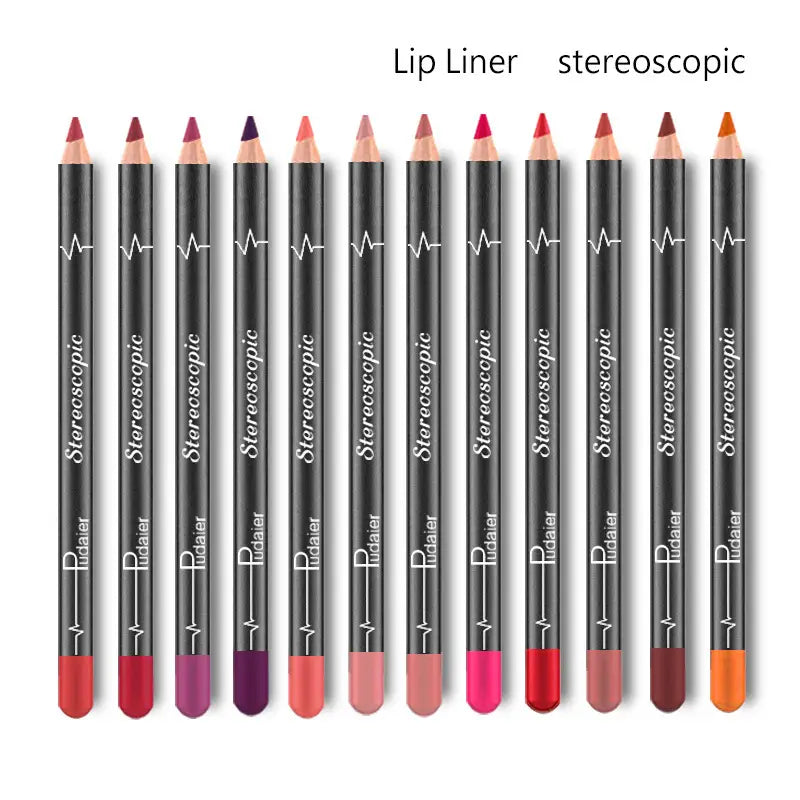 Set of ten black cylindrical lip liners with waterproof matte formula and white stereoscopic and pudaler branding featuring distinct colored tips ranging from red to orange in a lip liner set 12 colors waterproof matte pencils.