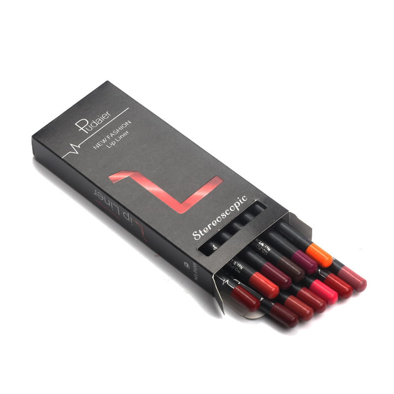 Black rectangular box of Pudaiier stereoscopic lip liner set featuring 12 waterproof matte pencils in vibrant shades with a sleek design and red accent visible through the open end.