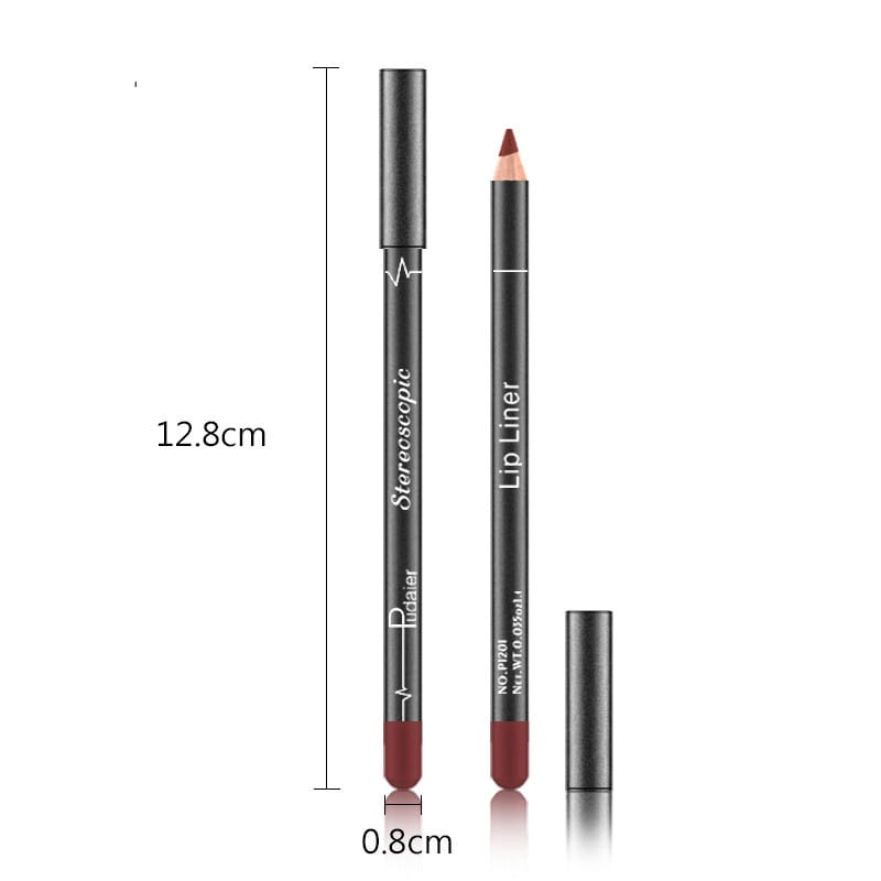 Black cylindrical lip liner pencil with a red tip and silver sterescopic branding included in a waterproof matte lip liner set of 12 colors with its cap.