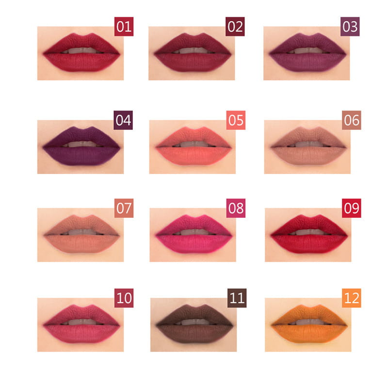 a collection of twelve waterproof matte lip liner pencils in various shades including reds purples pinks nudes and browns for precise lip definition and long-lasting wear