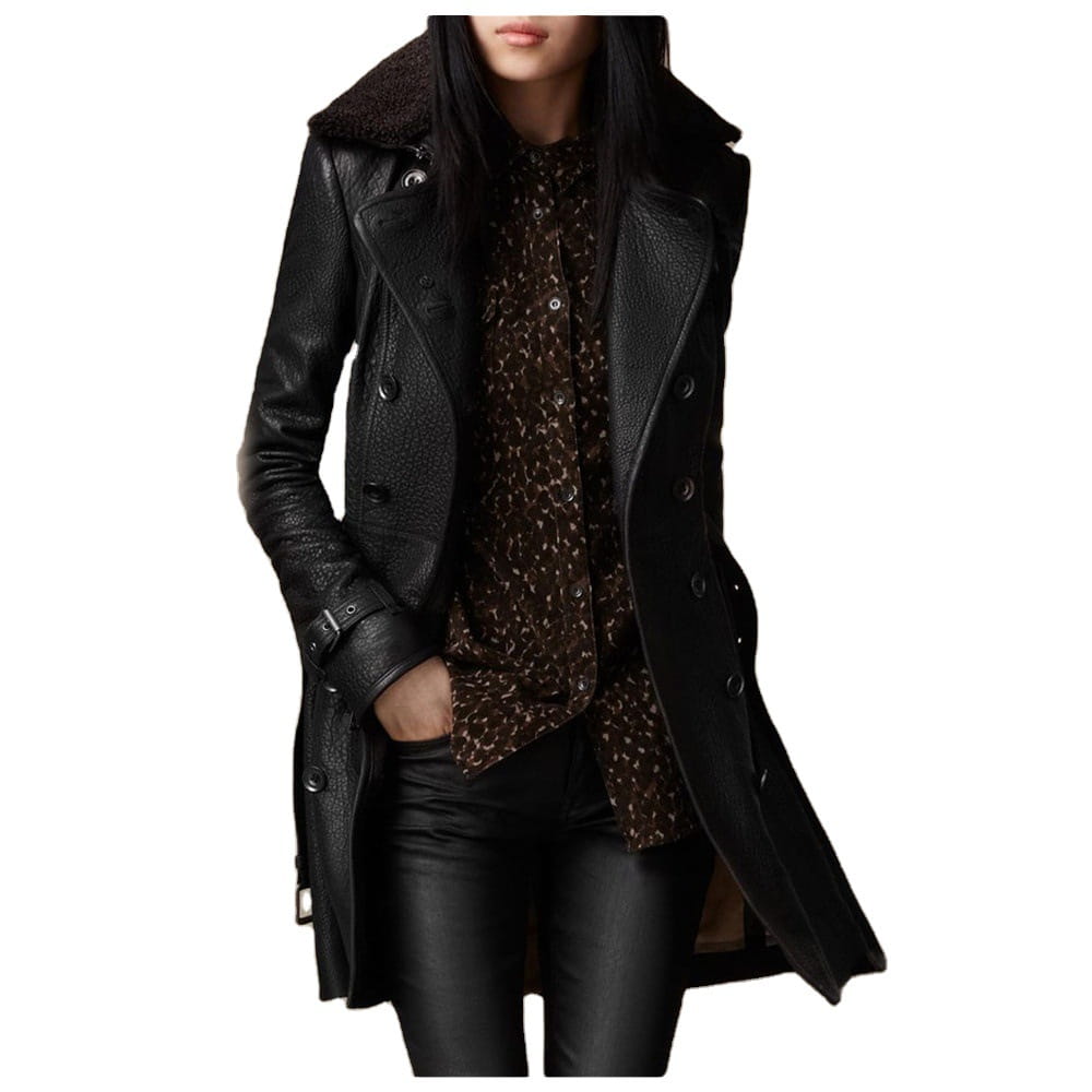 Black faux leather double breasted trench coat with belt featuring a plush shearling collar.