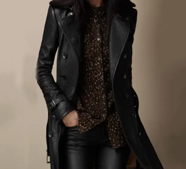 Black faux leather double breasted trench coat with a fur-lined collar and belt.