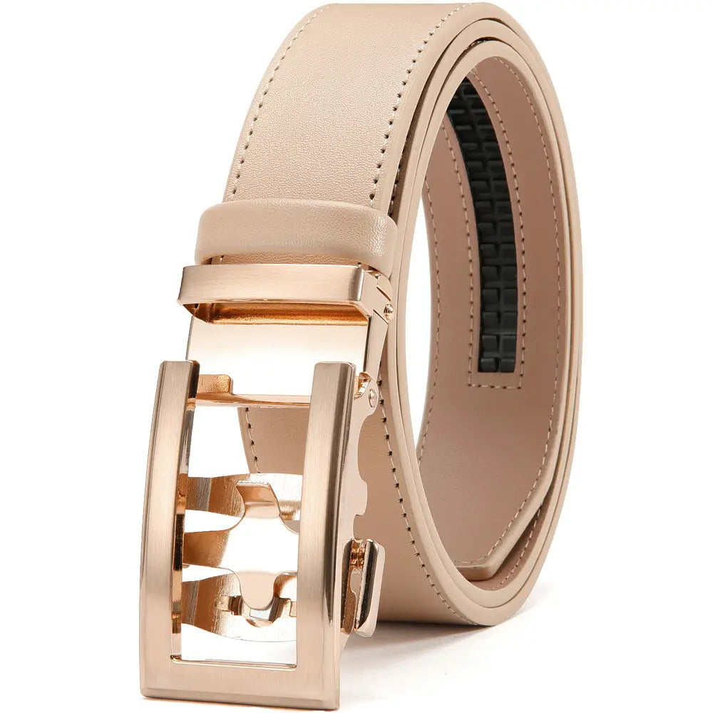 Cinturón de cuero beige para hombre con hebilla automática de oro rosa, adecuado para vestimenta business casual.