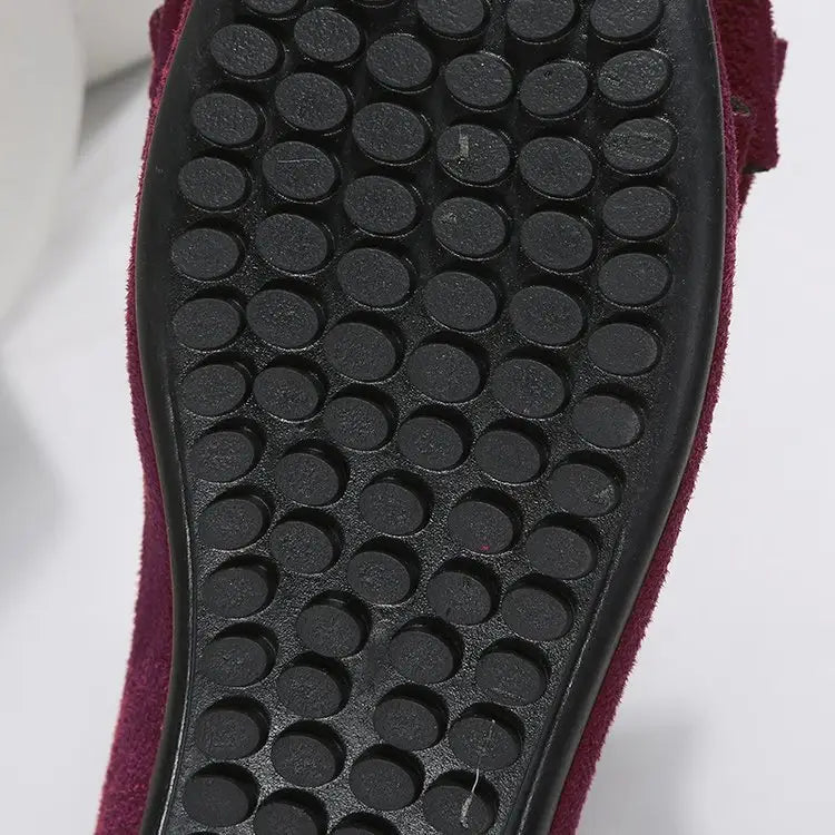 Women’s magenta suede bow round toe flat gommino loafers featuring matching bow accents for elegant wear.