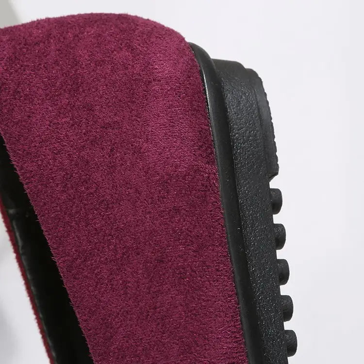 Women’s magenta suede bow round toe flat gommino loafers featuring matching bow accents for elegant wear.