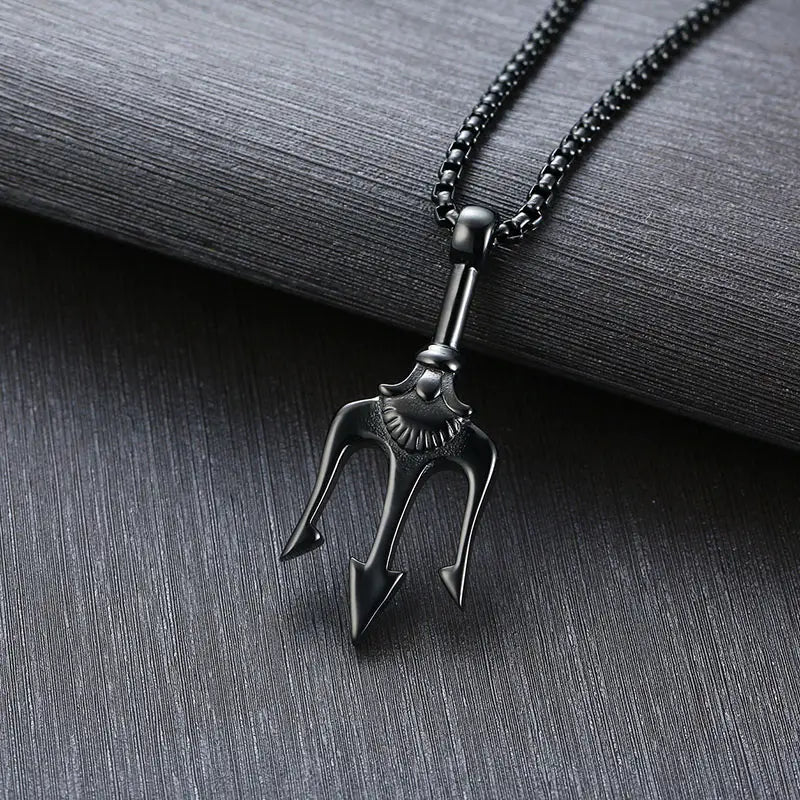 Black trident pendant necklace in titanium steel with a sleek matte-finished metal design.