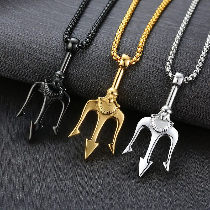 Poseidon trident pendant necklaces in black gold and silver titanium steel finishes with detailed designs.
