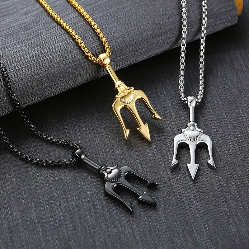 three poseidon trident pendant necklaces in gold silver and black finishes made of titanium steel displayed together