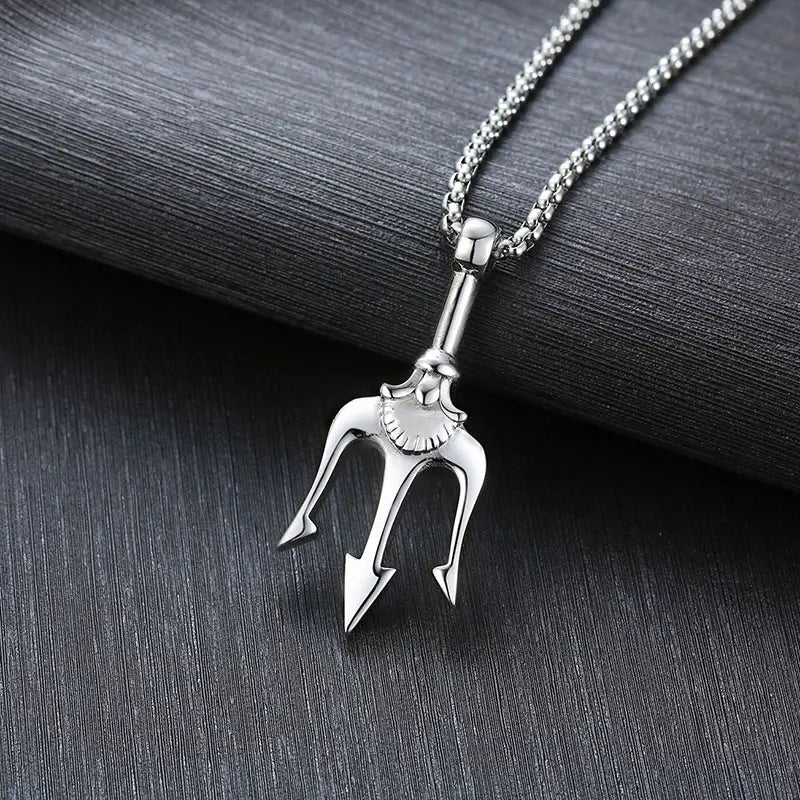 Silver poseidon trident pendant necklace in titanium steel with a sleek polished finish and sturdy chain.