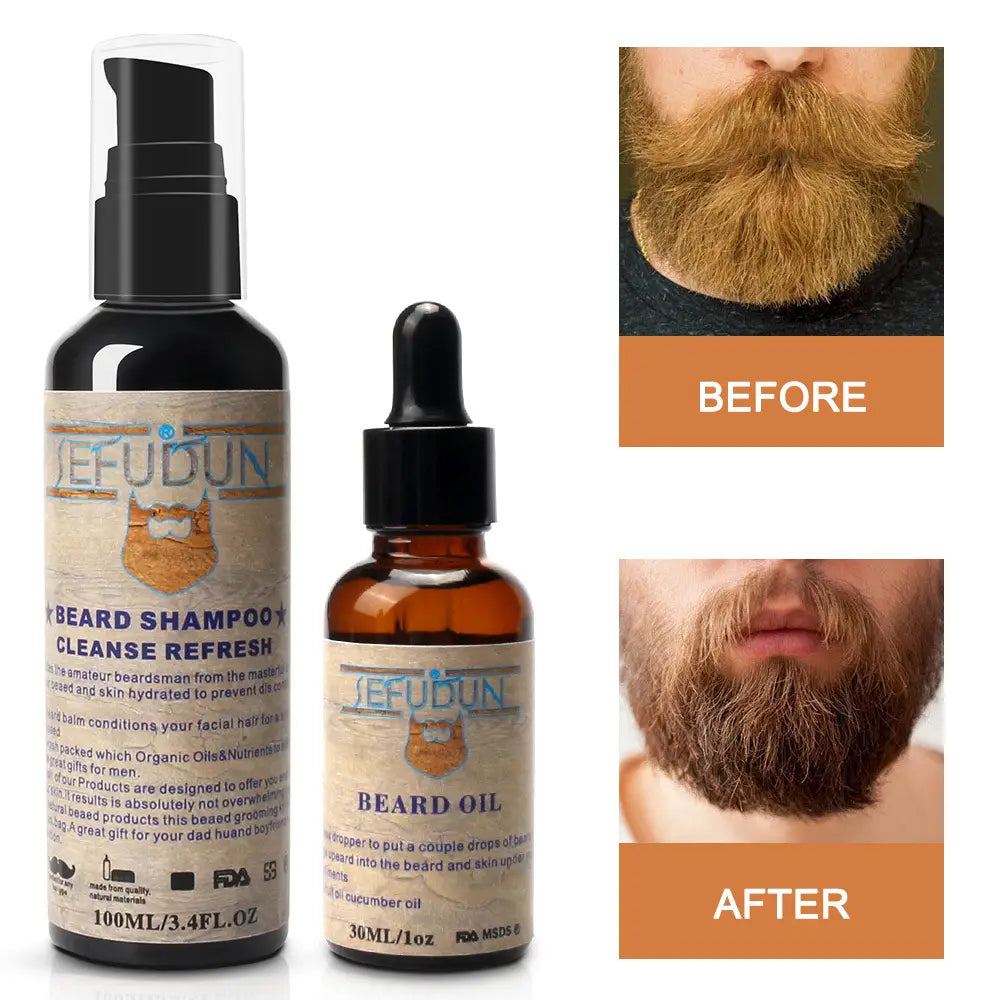 Black and amber glass bottles of Jefudun beard care products with pump and dropper tops and vintage-style labels in a Beard Care Kit 9 piece grooming set with styling tools.