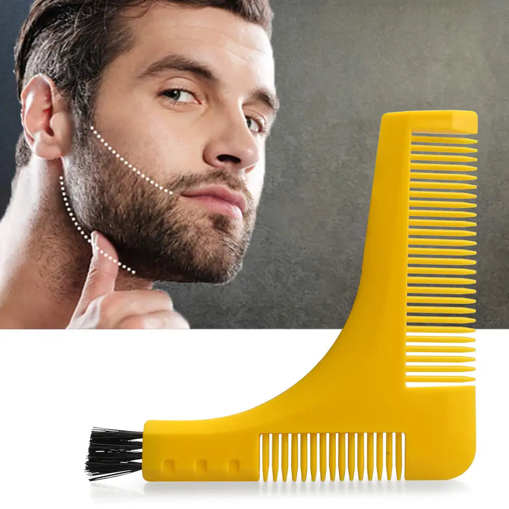 Yellow plastic beard comb with integrated brush and curved design from a beard care kit 9 piece grooming set with styling tools.