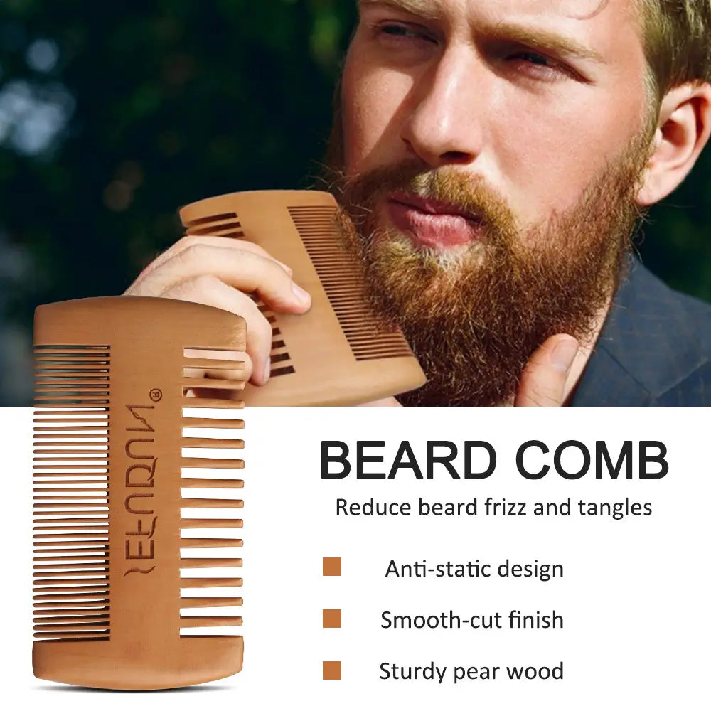 A sleek light brown pear wood beard comb with a smooth-cut finish and anti-static design from the Beard Care Kit 9 Piece Grooming Set with Styling Tools.