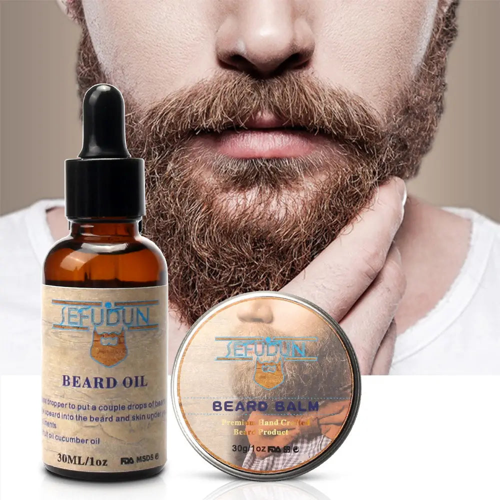 An amber glass bottle with a black dropper cap and label containing 30ml of jefudun beard oil from the beard care kit 9 piece grooming set with styling tools.