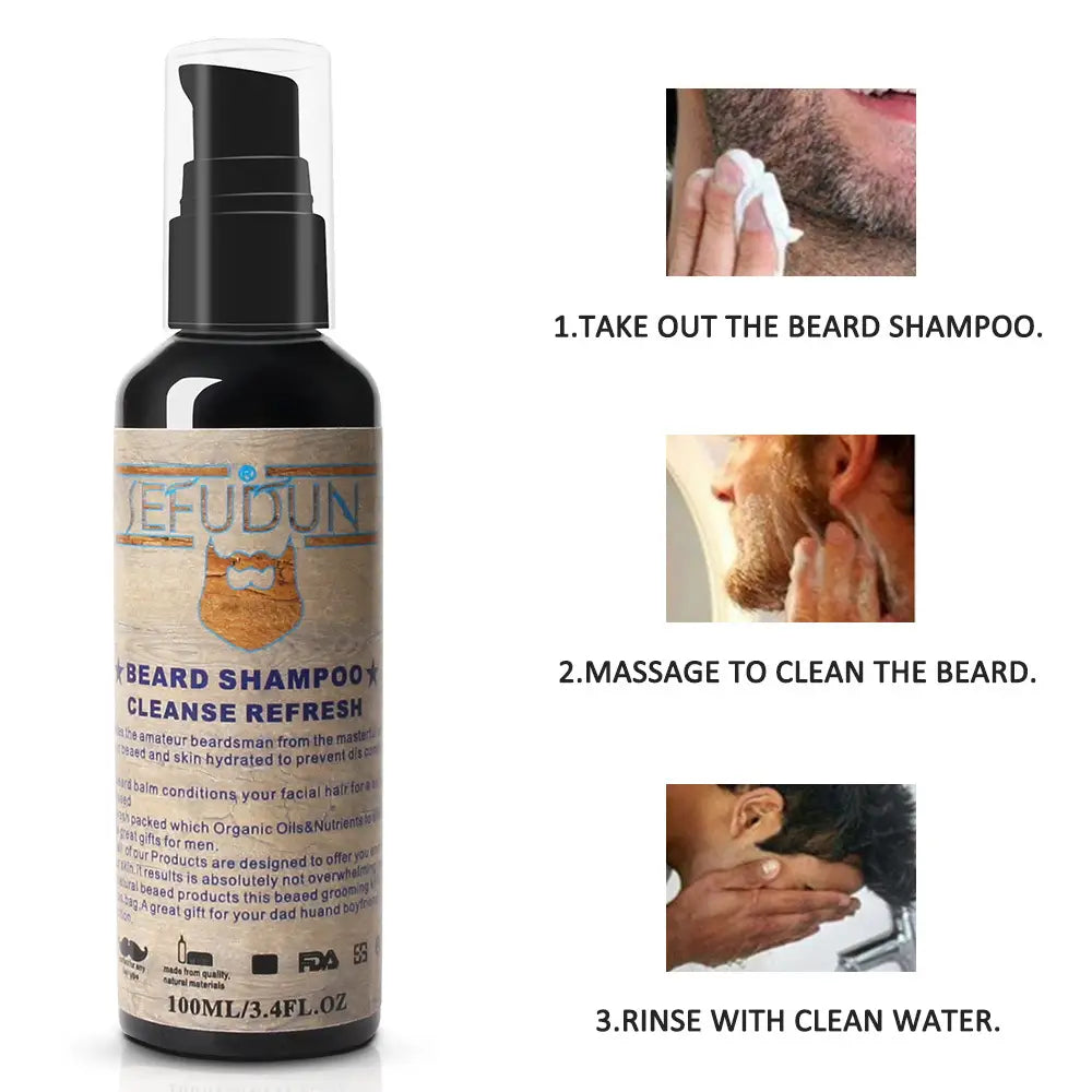 Black glass bottle with clear pump dispenser and beige label displaying the brand name sefudun and product description for beard shampoo in a beard care kit 9 piece grooming set with styling tools.