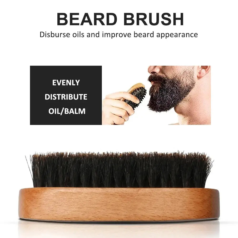 Beard care kit 9 piece grooming set wooden-handled beard brush with dense black bristles for styling and maintenance.