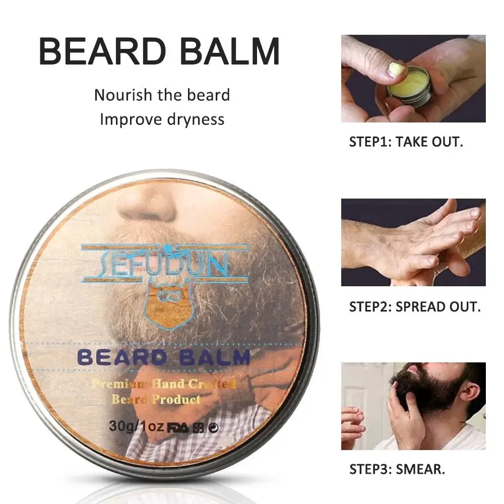 A round metallic tin of sefudun beard balm with a clear lid showing the yellowish product inside from the beard care kit 9 piece grooming set with styling tools.