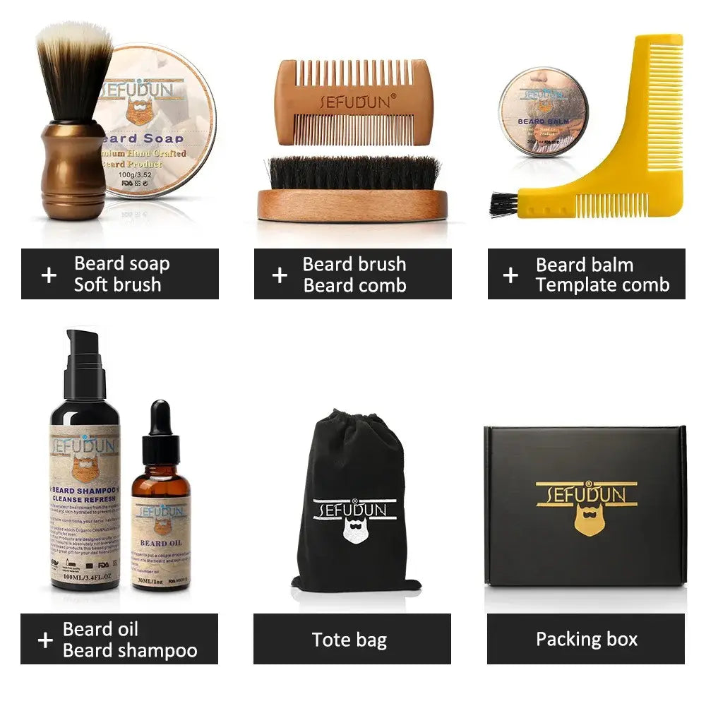 Sefudun beard care kit 9 piece grooming set featuring a bronze-finished soft brush with black and white bristles, wooden comb set, yellow template comb, and assorted grooming products in glass bottles.
