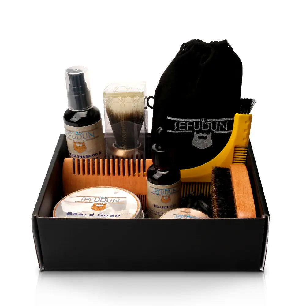 Black sefudun branded drawstring bag with a silver beard icon on the front included in the beard care kit 9 piece grooming set with styling tools.
