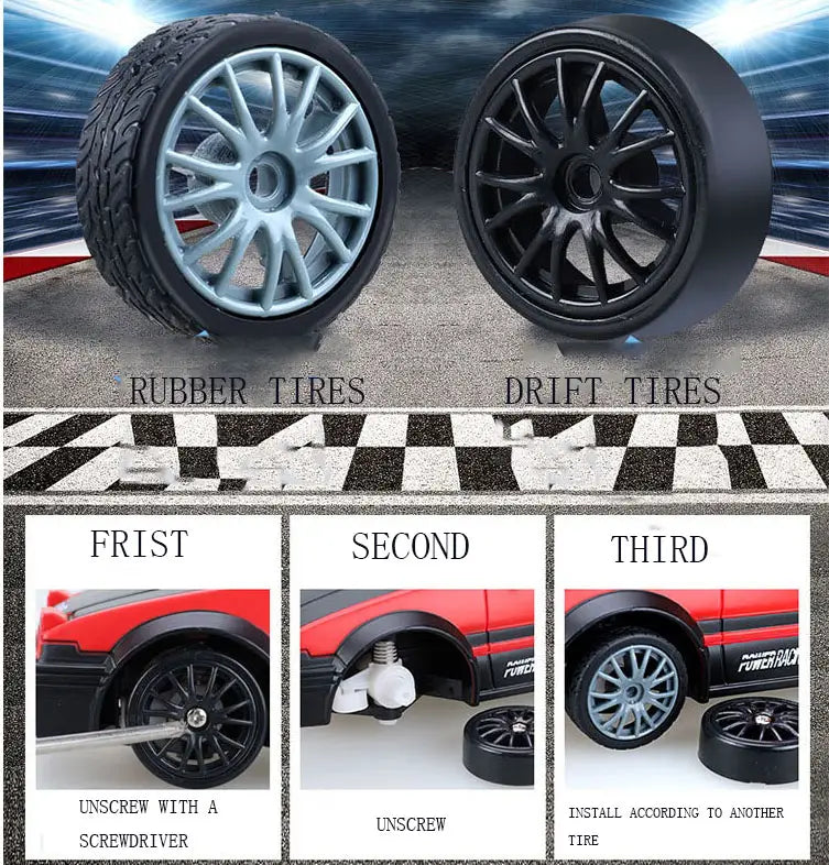 Jantes en alliage argent et noir avec un design détaillé des rayons, présentées comme des composants interchangeables pour une voiture de drift RC rouge 4WD à haute vitesse, télécommandée, type GTR, jouet.