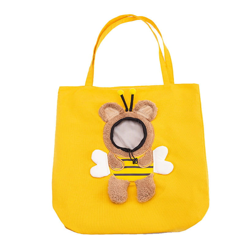 Bright yellow canvas tote bag featuring a plush fuzzy bee design with brown fur white wings and black antennae ideal as a plush animal pet carrier bag backpack.