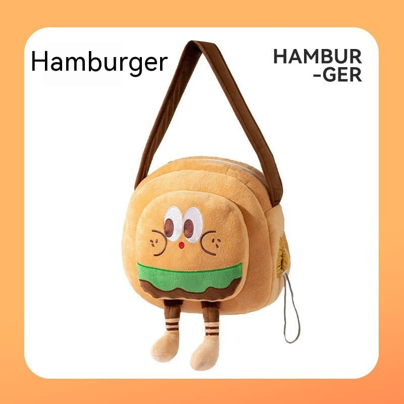 A plush animal pet carrier bag backpack designed as a hamburger with brown straps green lettuce detail and embroidered facial features.