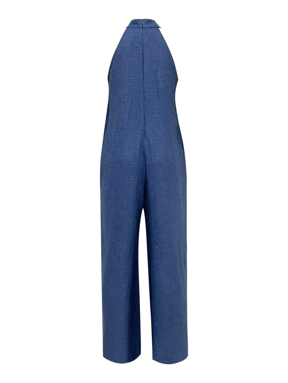 Blue textured denim jumpsuit with a halter neckline and wide-leg cut.