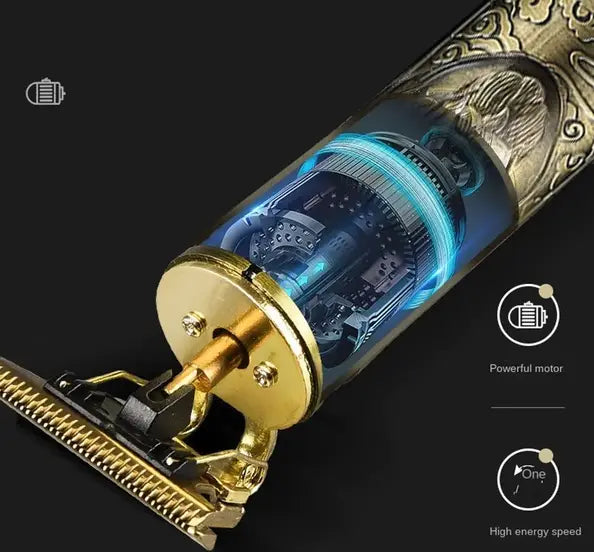 Professioneller kabelloser Haarschneider und Bartschneider in der Farbe Gold mit aufwendig eingravierten Details und einem transparenten Gehäuse, das den integrierten Motor erkennen lässt.