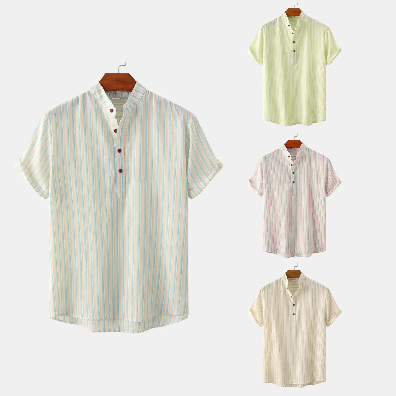 Camisa para hombre de cuello tipo mandarina de manga corta con rayas verticales azul claro y blancas, confeccionada con una mezcla de algodón, con tapeta de botones.