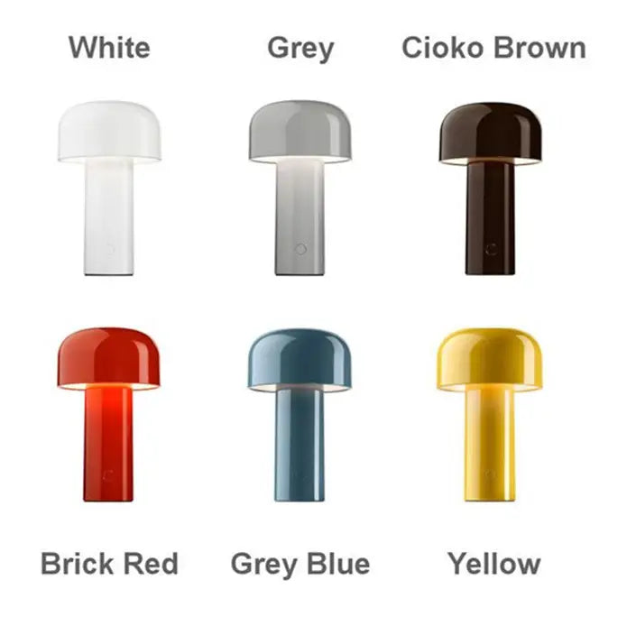 A modern mushroom table lamp cordless touch rechargeable LED available in six colors including white, grey, cioko brown, brick red, grey blue, and yellow.
