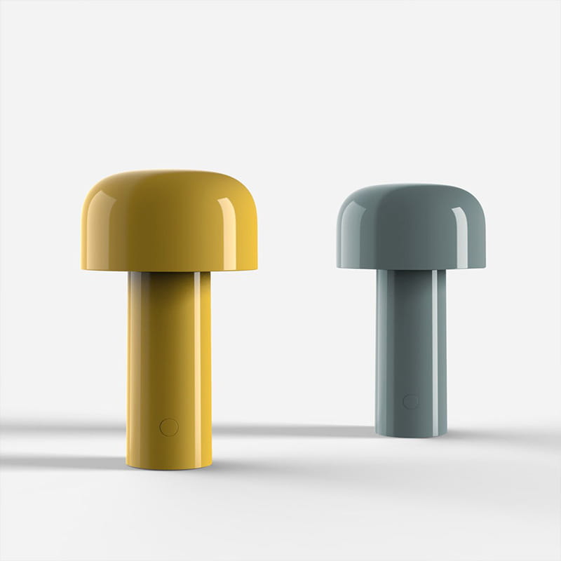 Two minimalist mushroom table lamps in glossy mustard yellow and matte slate gray featuring cordless touch rechargeable LED lighting.