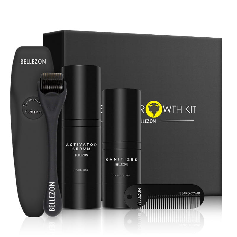 Black Bellezon beard growth kit includes a derma roller, activator serum, sanitizer, and comb for effective beard care and growth.