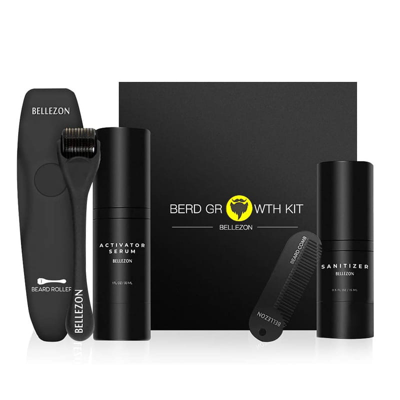 black bellezon beard growth kit featuring a derma roller, activator serum, sanitizer, and comb for enhanced beard care and growth.