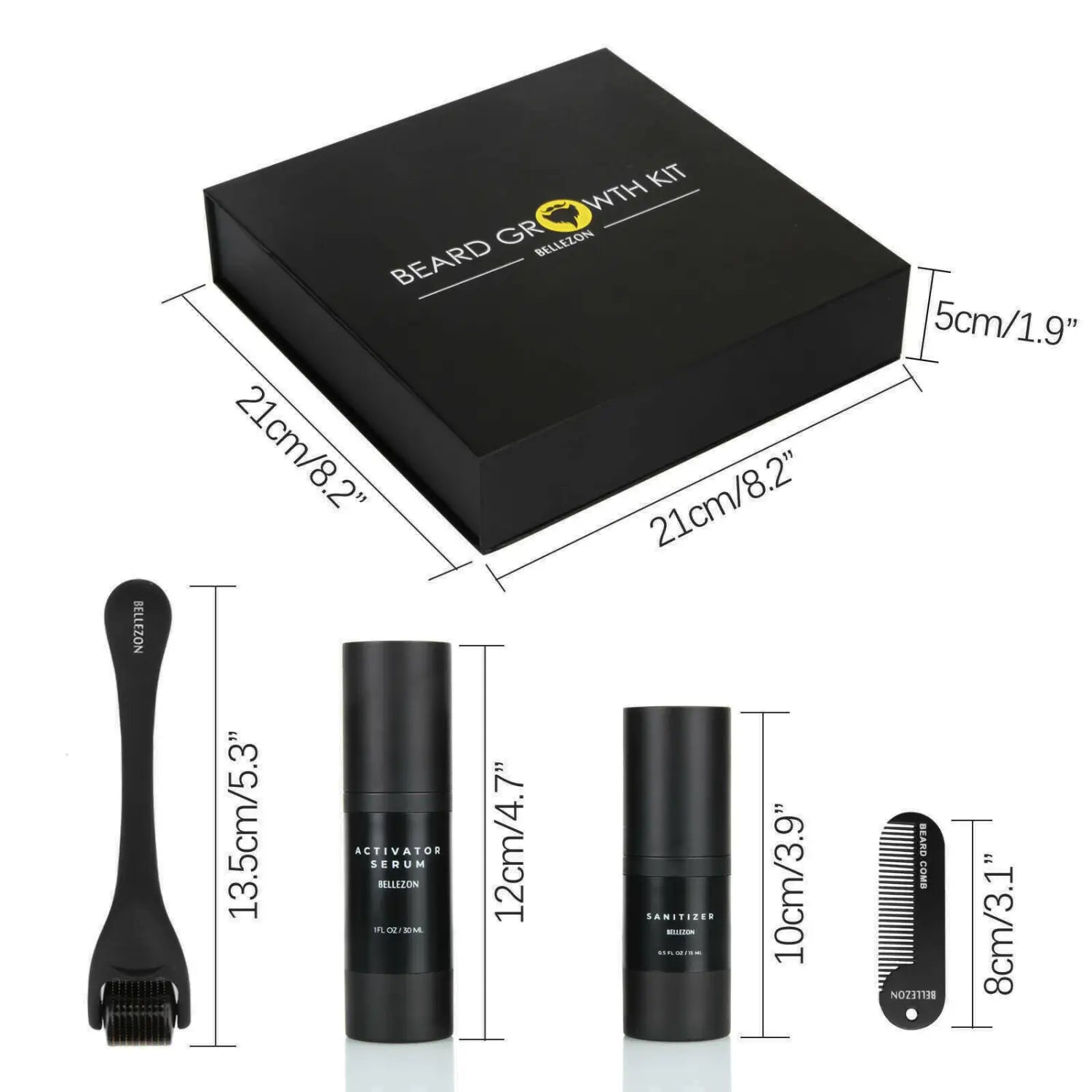 Black rectangular beard growth kit box with gold logo and white text measuring 21cm by 21cm by 5cm containing derma roller and serum set.