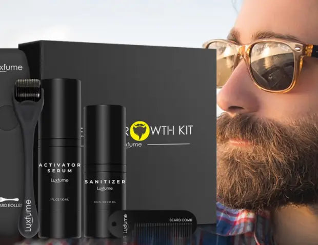 Luxume beard growth kit with black cylindrical activator serum and sanitizer bottles, black derma roller, and matching comb for beard care.