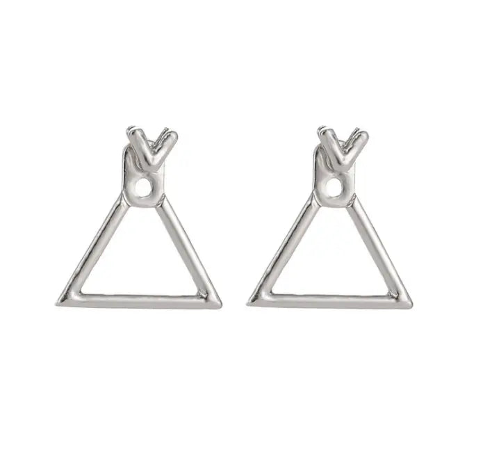 Silberne dreieckige Ohrstecker mit minimalistischem offenem Rahmen und einer kleinen runden Öffnung für sicheren Halt aus der Kollektion der geometrischen Goldpfeil- und hohlen Quadratohrstecker.