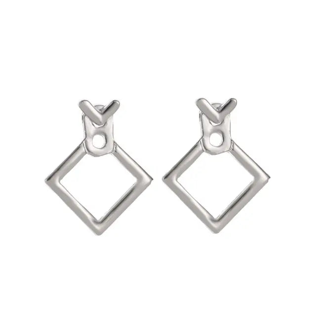 Silberne geometrische Tropfenohrringe mit einer minimalistischen offenen Diamantform und einem sich kreuzenden V-förmigen oberen Abschluss für einen eleganten Alltag