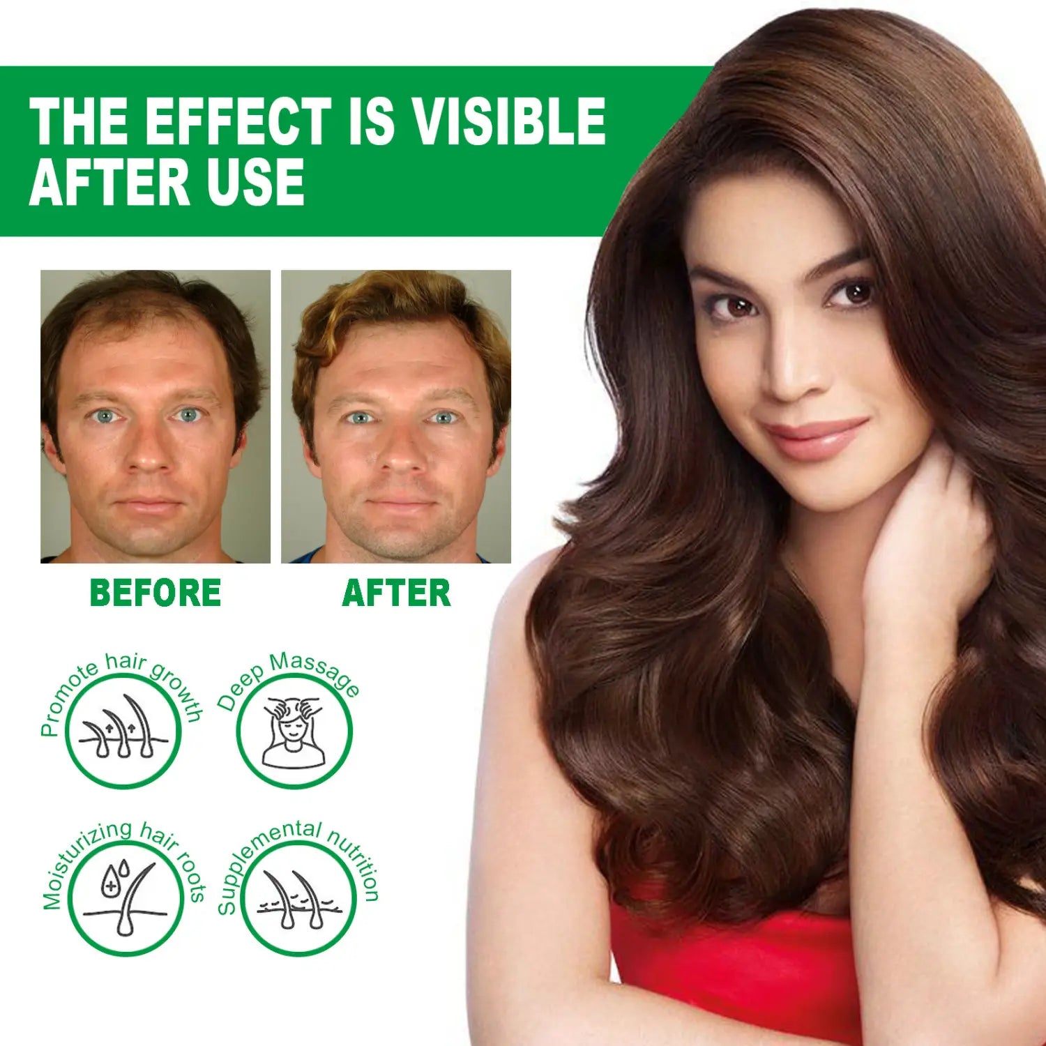 A woman with long wavy brown hair wearing a red top showcasing rosemary hair essential oil for growth 60ml.