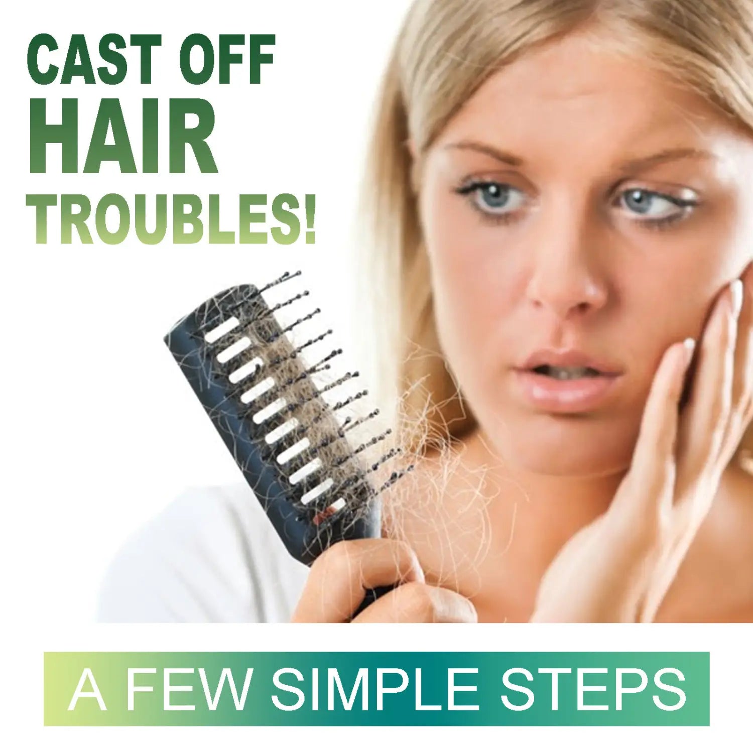 black plastic hairbrush with loose hair strands caught in teeth displayed alongside rosemary hair essential oil for growth 60ml