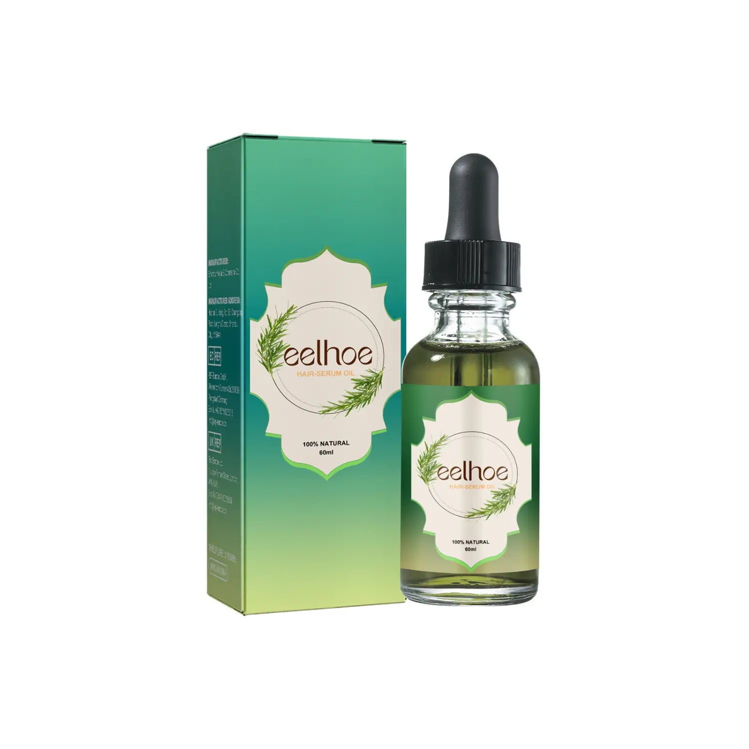 Green glass bottle with black dropper cap and white eelhoe label featuring green leaf design containing 80ml amber rosemary hair essential oil for growth.