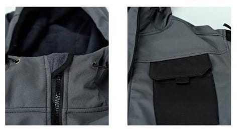 Herren-Taktikfleecejacke in Grau mit schwarzem Reißverschluss und Taschenakzenten, kombiniert mit einem Set aus Cargohosen.