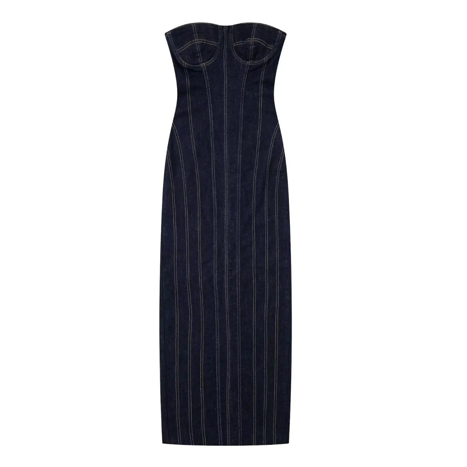 Robe midi sans bretelles en denim bleu foncé avec surpiqûres verticales blanches à rayures fantaisie et deux poches avant, comportant un détail de fermeture à glissière.