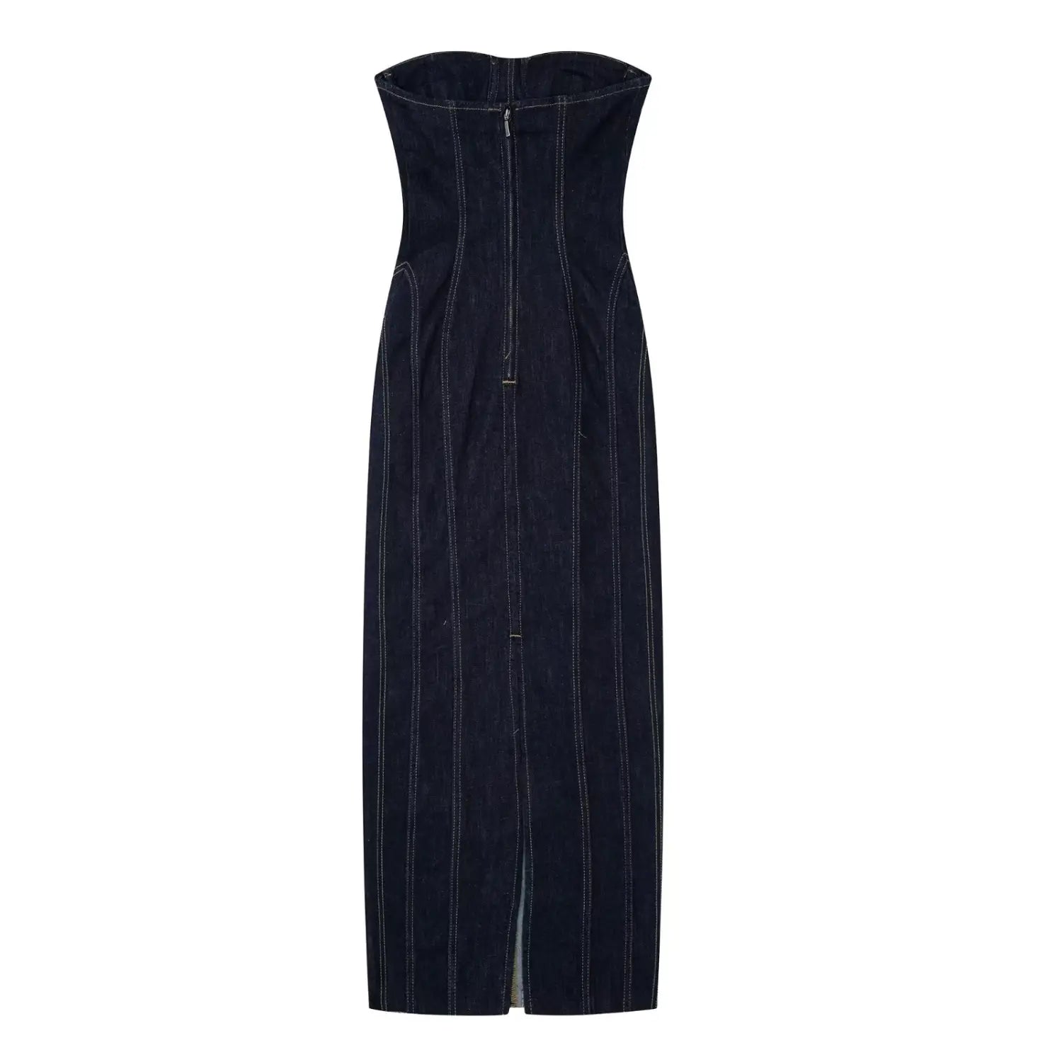 Vue arrière d’une robe midi sans bretelles en denim à rayures fantaisie bleu marine foncé, au dos façon corset avec détail de fermeture à glissière et surpiqûres blanches contrastantes le long des coutures.