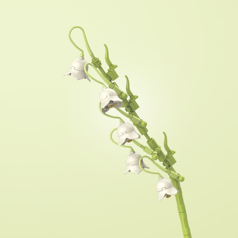 Un bouquet de fleurs en briques Lego vert délicat, avec une tige de muguet et des fleurs en forme de cloche blanches, au nombre de cinq, façonnées comme un jouet bonsaï.