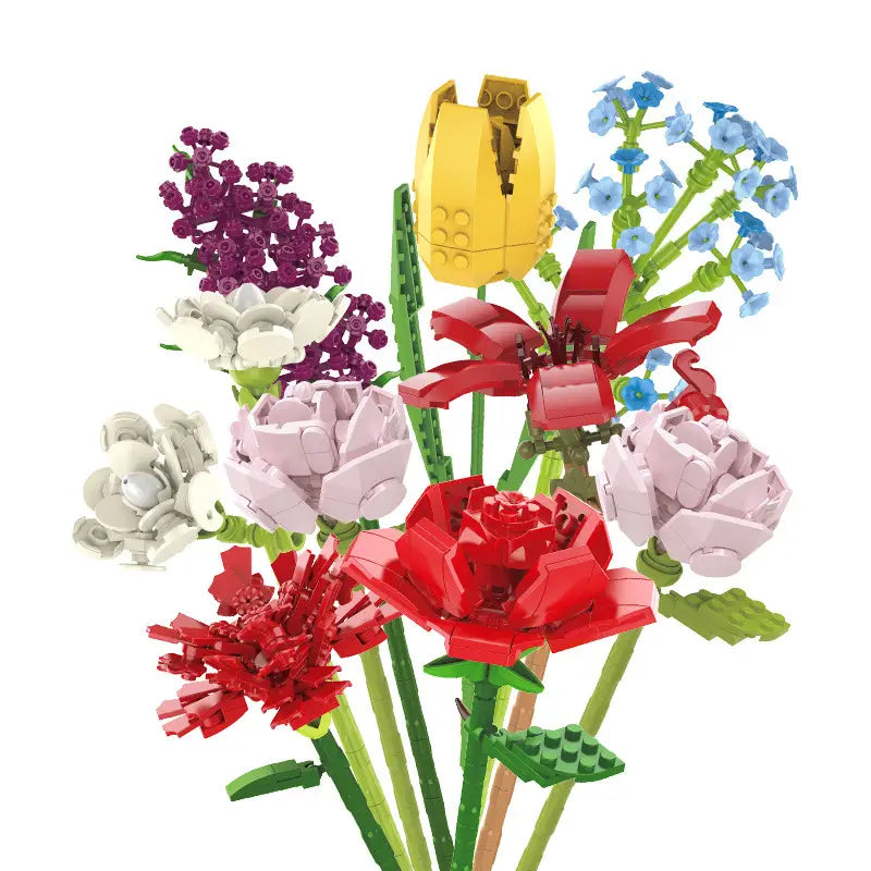Un bouquet éclatant de fleurs construites en Lego, en rouge, rose, blanc, violet et bleu, issu du bouquet de fleurs en briques, rose bonsaï, jouet.